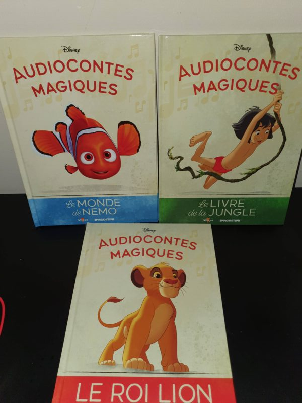 Les trois couvertures des audiocontes: Le monde de Némo, le Roi Lion et le livre de la jungle