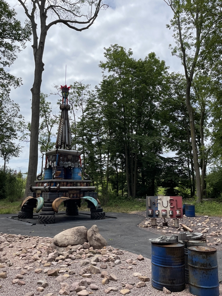 A set in the shape of the Eiffel Tower from the new Cars Road Trip attraction