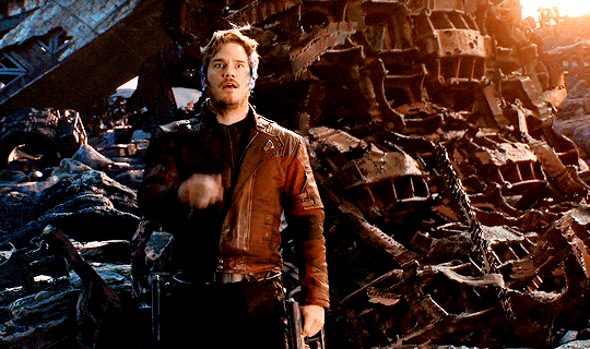 Star Lord jumps back and gives the finger