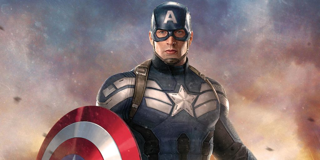 Actor Chris Evans in the Captain America costume, shield in hand 