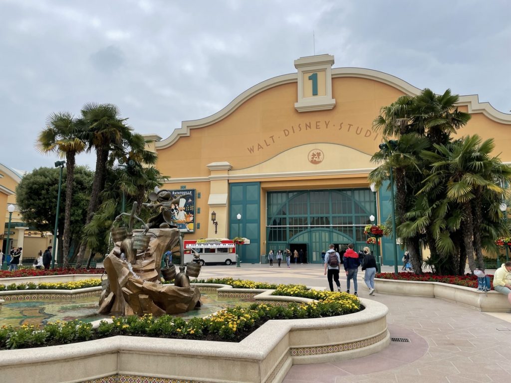 The entrance to the Walt Disney Studios with the Mickey and the Sorcerer's Apprentice fountain