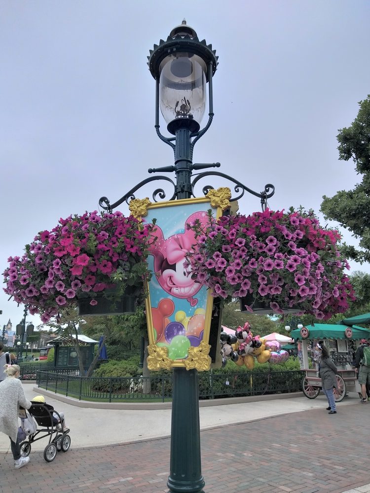 A pennant and flower baskets decorating a lamp post on Main Street