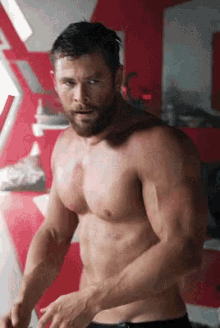 Thor, shirtless, is out of breath after the effort