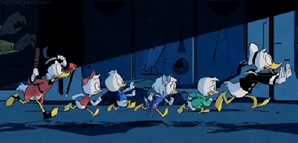 Scrooge, Huey, Dewey, Louie, Webby  and Donald run
