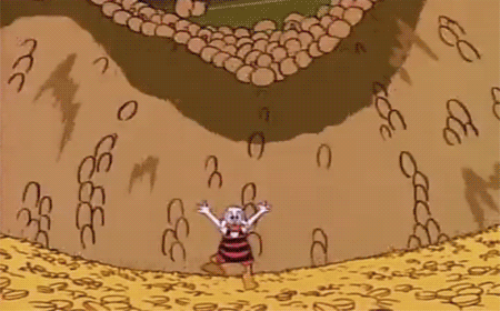 Scrooge is buried under a mountain of gold bags