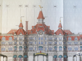 Plan de façade du Disneyland Hotel côté Fantasia Gardens