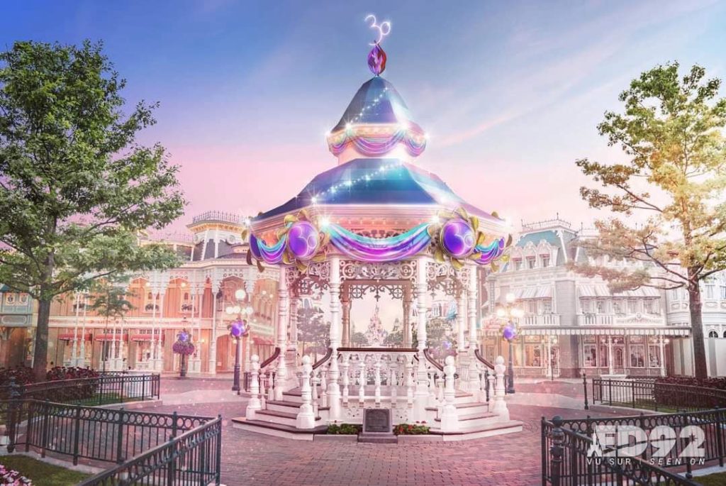 Main Street Usa gazebo decorated for the 30th anniversary of Disneyland Paris