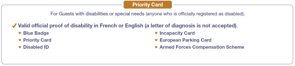 Accessibility disability disneyland paris : priority card