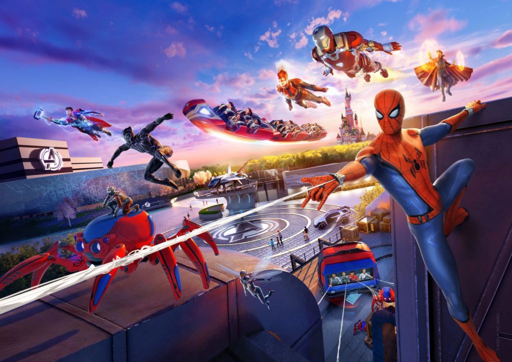 concept-art de Avengers Campus avec Spider-man qui  lance une toile