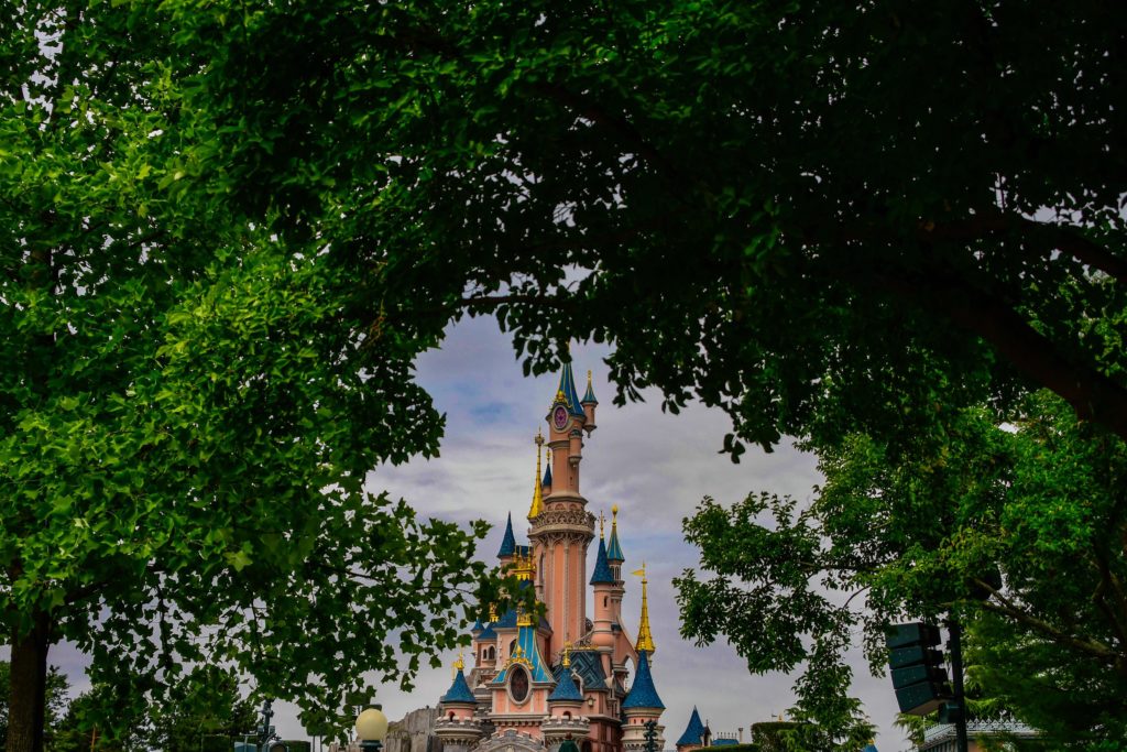 Le chateau de la belle au bois dormant entourée d'arbres pour illustrer Je rêve