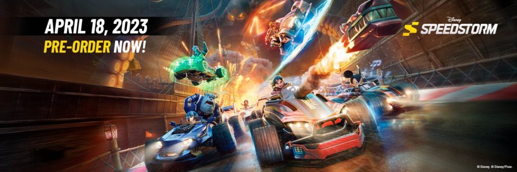 Image du jeu de coursee Speedstorm avec Mulan, Mickey, Sully, baloo.